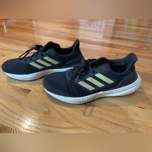 Black and Gold Adidas Pureboost Athletic Shoes